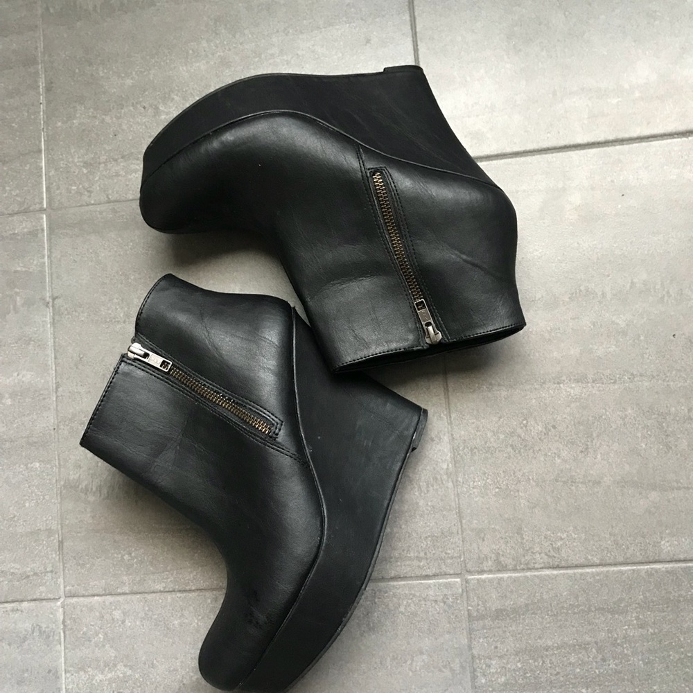 Black faux leather wedge booties